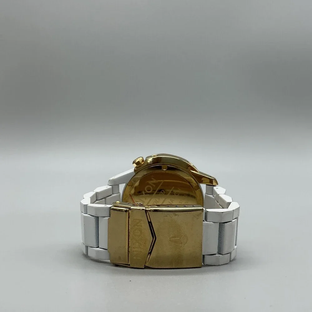 Nixon The Monarch Mens Watch 42mm White Dial Gold Tone Date Quartz Bracelet 7